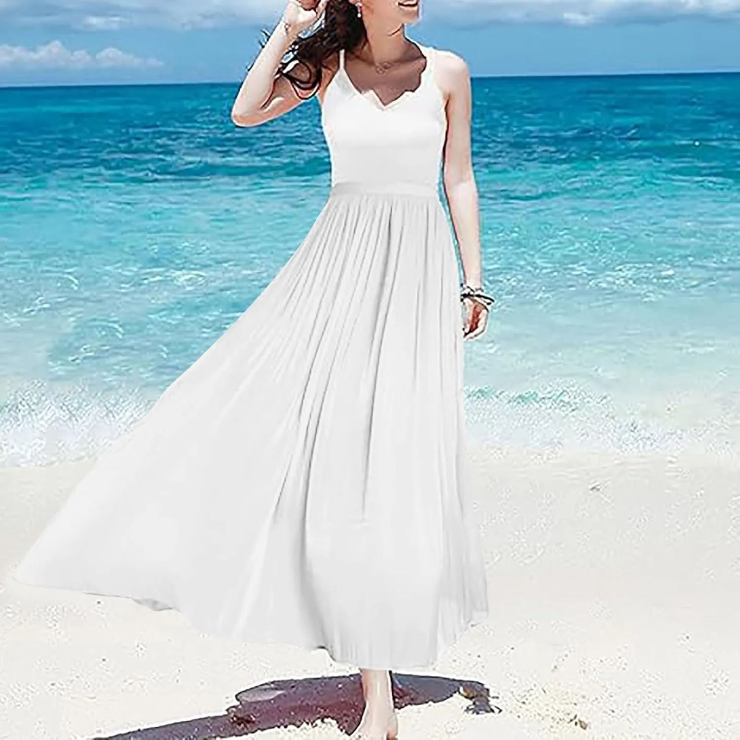 Flowy Midi Skirts for Women 2025 Summer Lightweight Elastic Waisted Swing A-Line Pleated Skirt