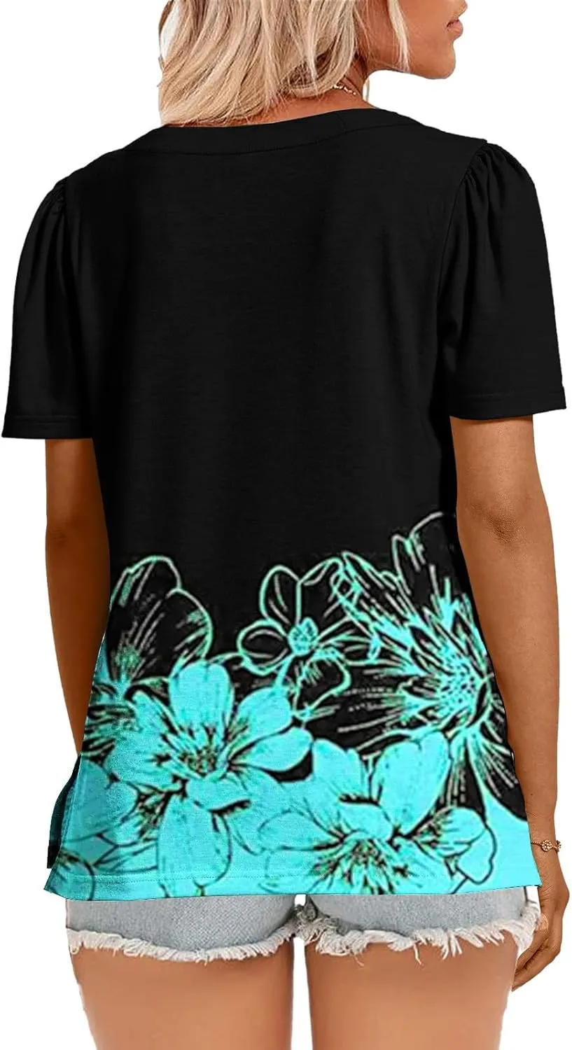 Flowy Summer Tops for Women Trendy Boho Floral Print Tunic Shirts 2025 Casual Short Sleeve Button Crew Neck T Shirt