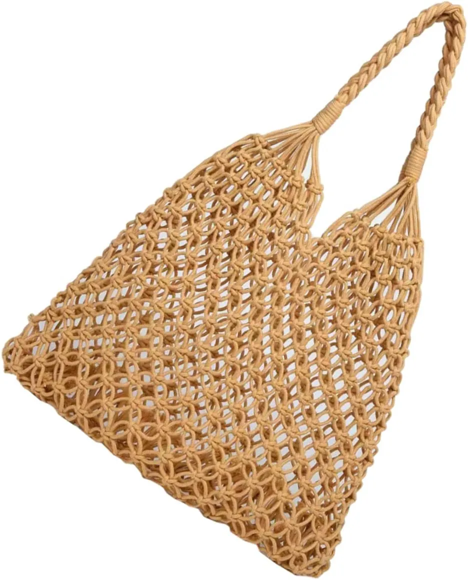 Foldable Woven Beach Bag Large Summer Shoulder Tote Mesh Crochet Tote Bag for Women
