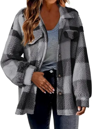 Fuzzy Fleece Jackets For Women Casual Fashion 2023 Plaid Button Down Shacket Warm Winter Sherpa Coats Outwear