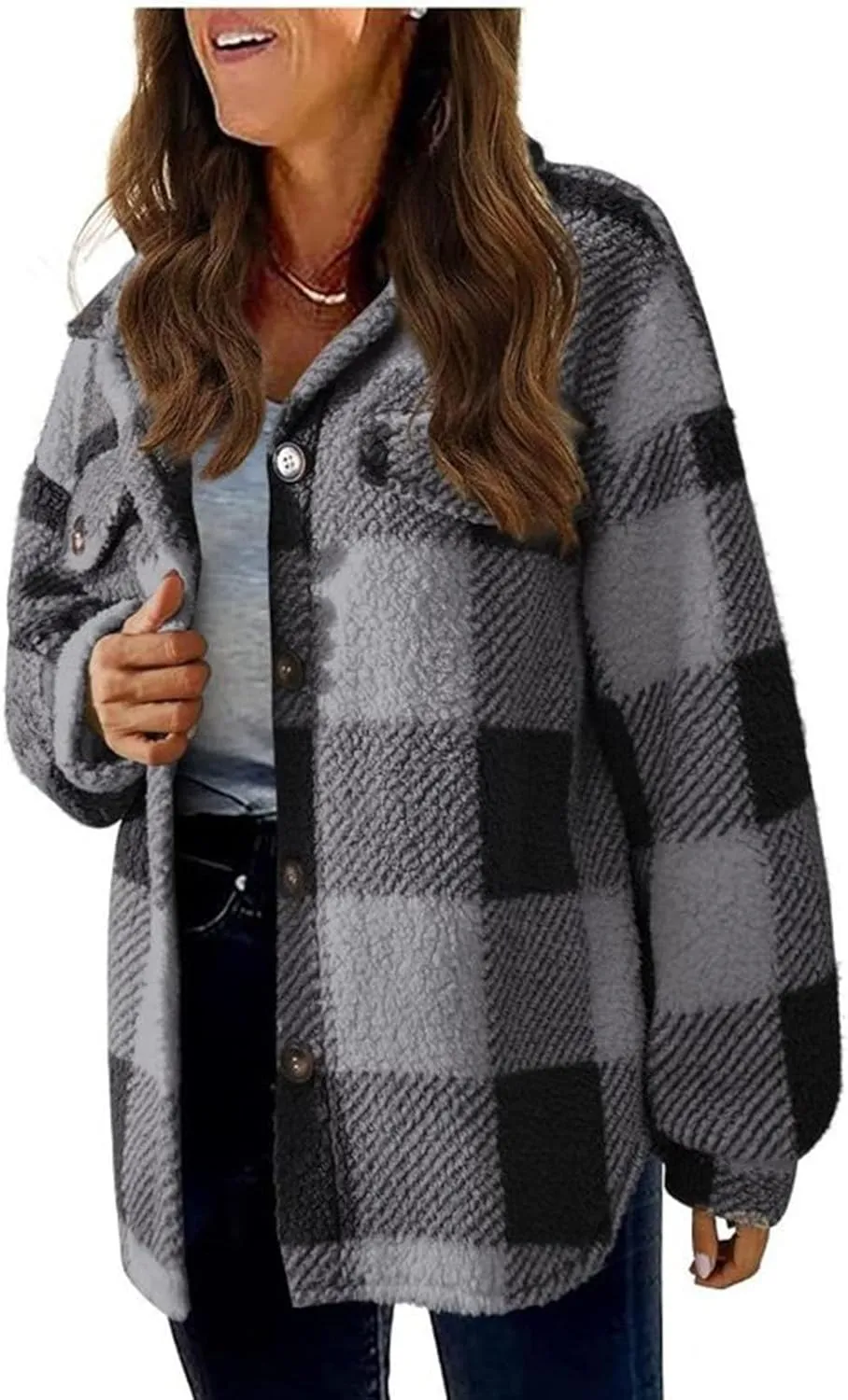 Fuzzy Fleece Jackets For Women Casual Fashion 2023 Plaid Button Down Shacket Warm Winter Sherpa Coats Outwear