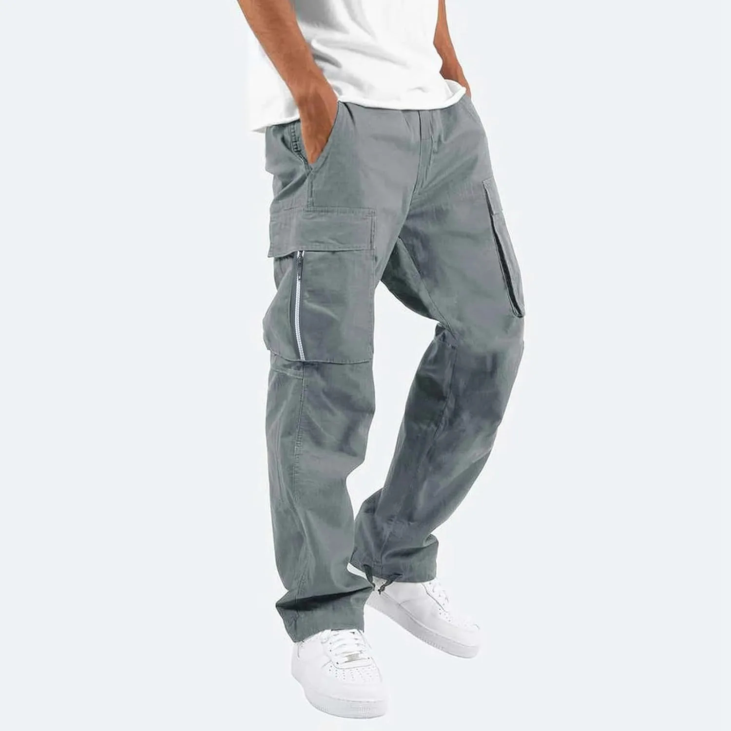 Fxbar Mens Elastic Crotch Pants Trendy Solid Color Loose Joggers Cargo Pants for Men Leisure Streetwear