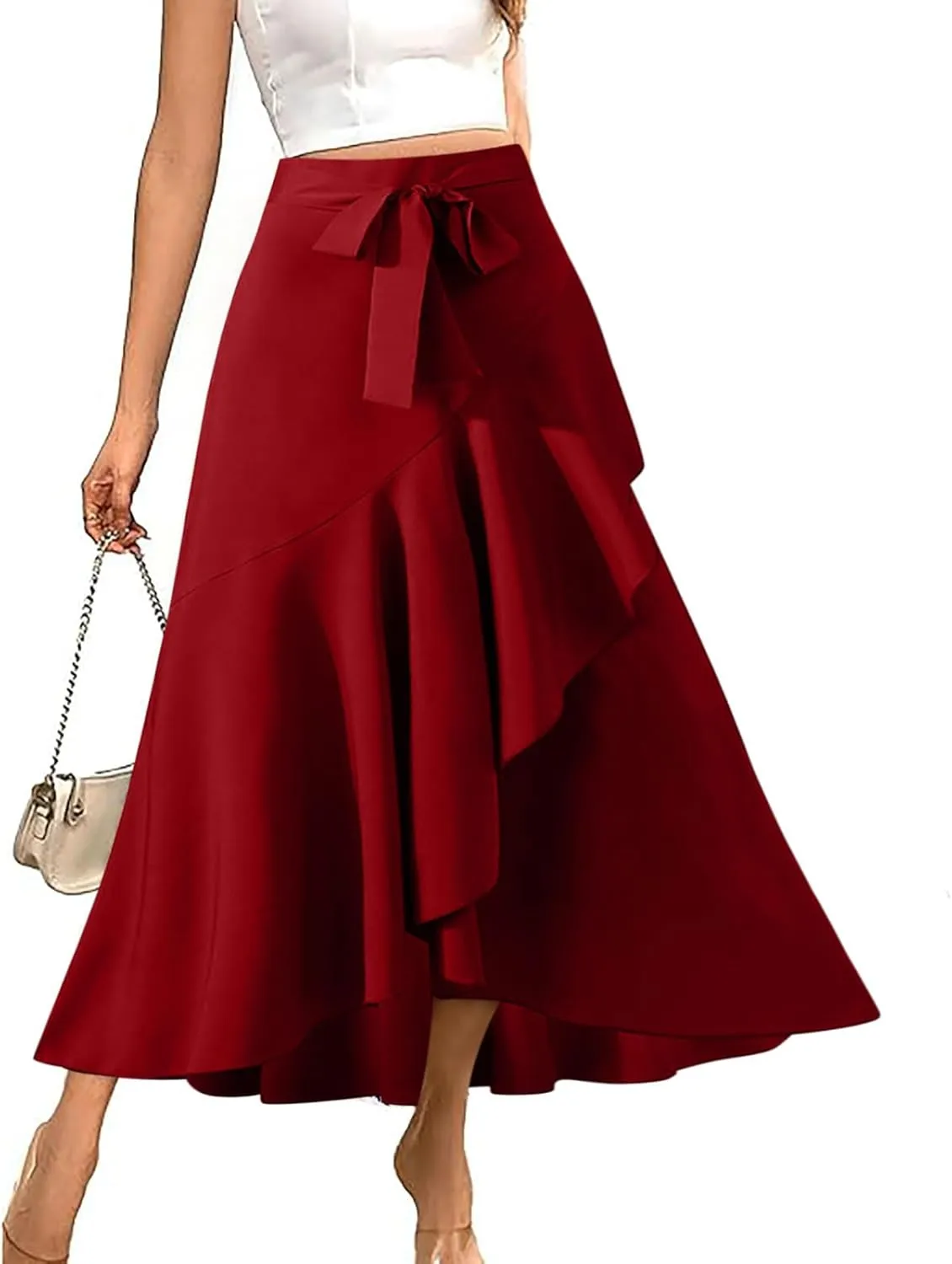 FZYLQY 2025 Maxi Skirt for Women Elegant High Waisted Side Slit Long Skirts Asymmetric Tiered Ruffle Hem A-Line Skirts