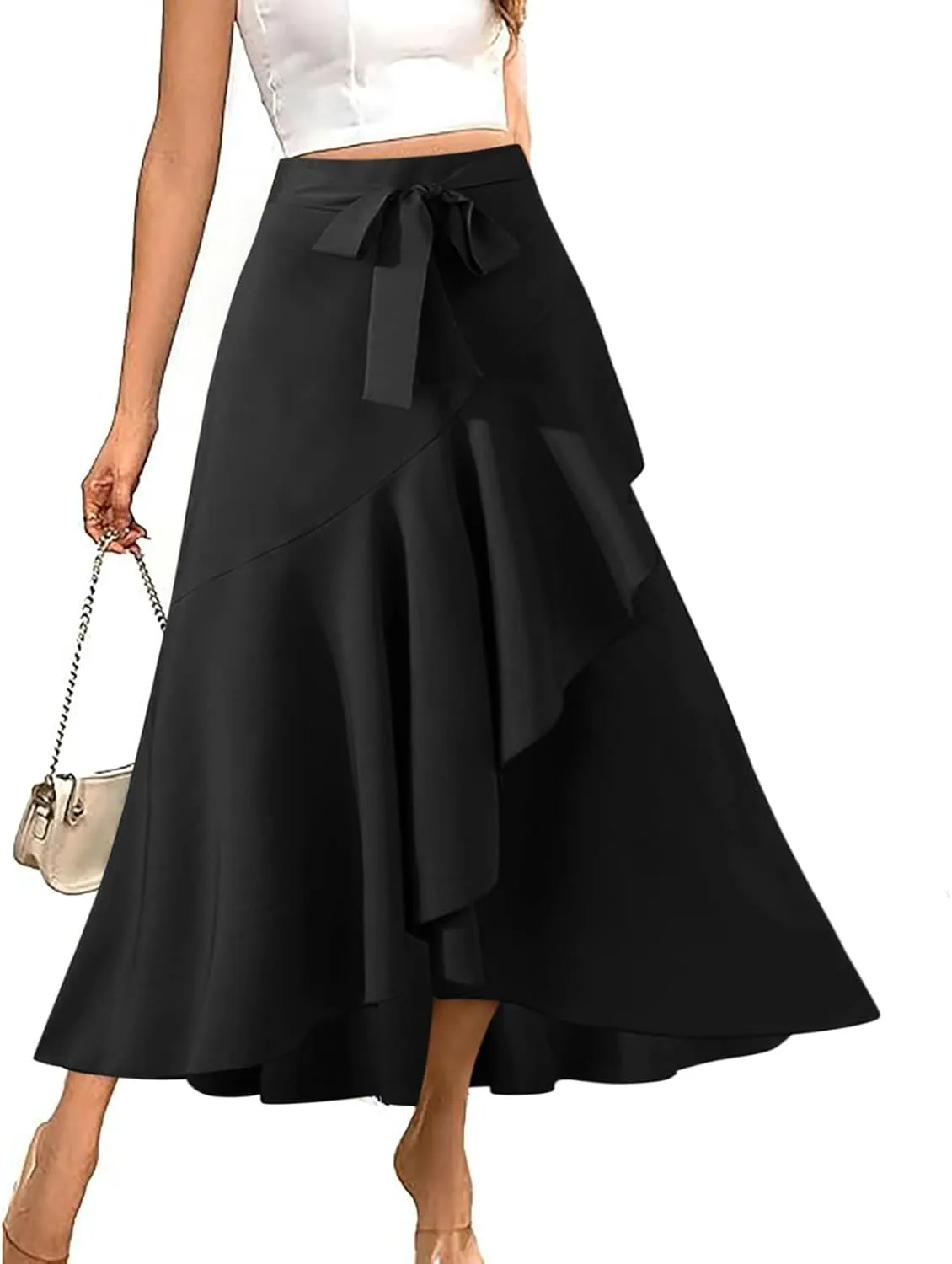 FZYLQY 2025 Maxi Skirt for Women Elegant High Waisted Side Slit Long Skirts Asymmetric Tiered Ruffle Hem A-Line Skirts