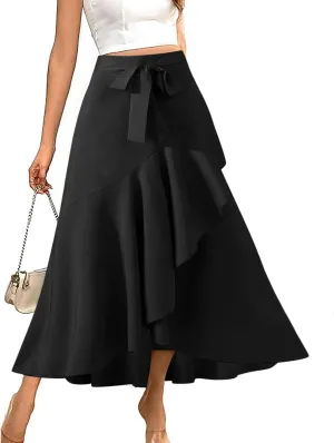 FZYLQY 2025 Maxi Skirt for Women Elegant High Waisted Side Slit Long Skirts Asymmetric Tiered Ruffle Hem A-Line Skirts