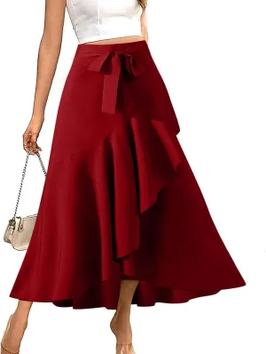 FZYLQY 2025 Maxi Skirt for Women Elegant High Waisted Side Slit Long Skirts Asymmetric Tiered Ruffle Hem A-Line Skirts