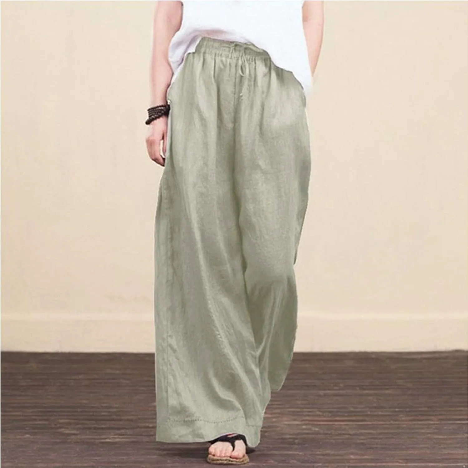 FZYLQY Cotton Linen Pants for Women 2025 Wide Leg Trousers Loose Fit Elastic Waist Casual Summer Lounge Palazzo Pants
