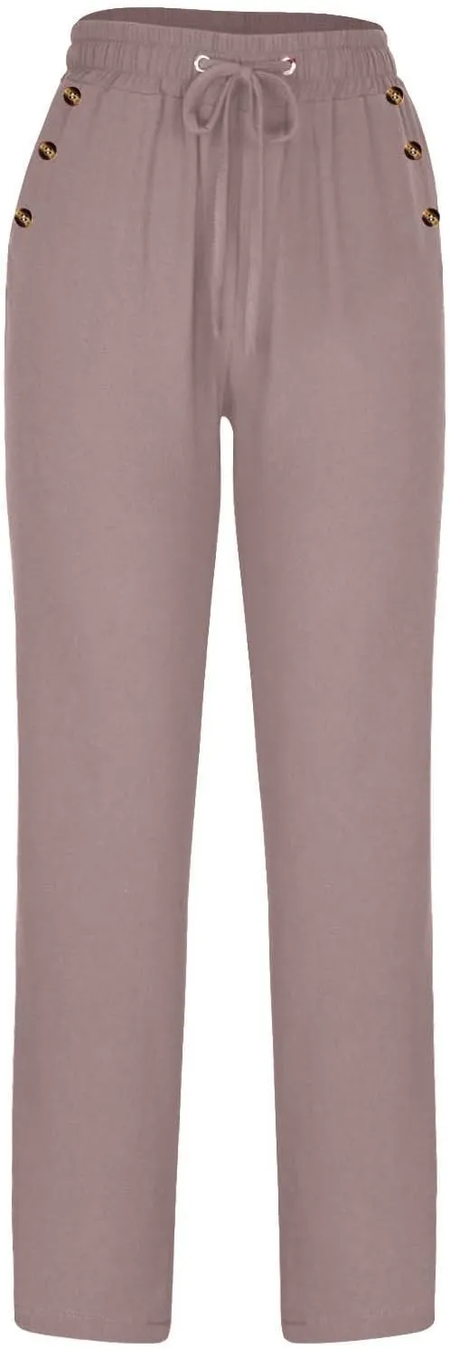 FZYLQY Ladies Linen Straight Leg Trousers High Rise Drawstring Button Pocket Pants Lightweight Slacks for Summer 2025