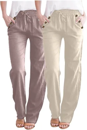 FZYLQY Ladies Linen Straight Leg Trousers High Rise Drawstring Button Pocket Pants Lightweight Slacks for Summer 2025