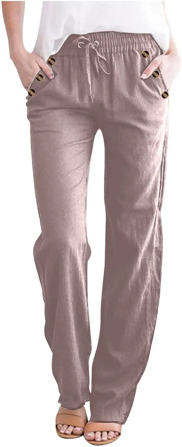 FZYLQY Ladies Linen Straight Leg Trousers High Rise Drawstring Button Pocket Pants Lightweight Slacks for Summer 2025