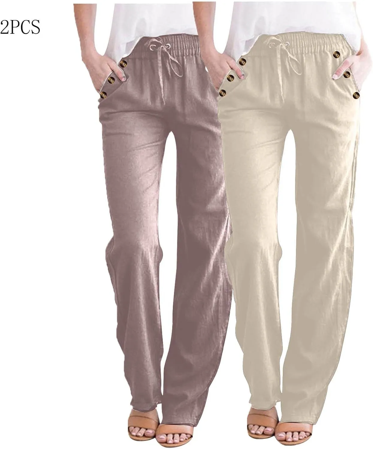 FZYLQY Ladies Linen Straight Leg Trousers High Rise Drawstring Button Pocket Pants Lightweight Slacks for Summer 2025
