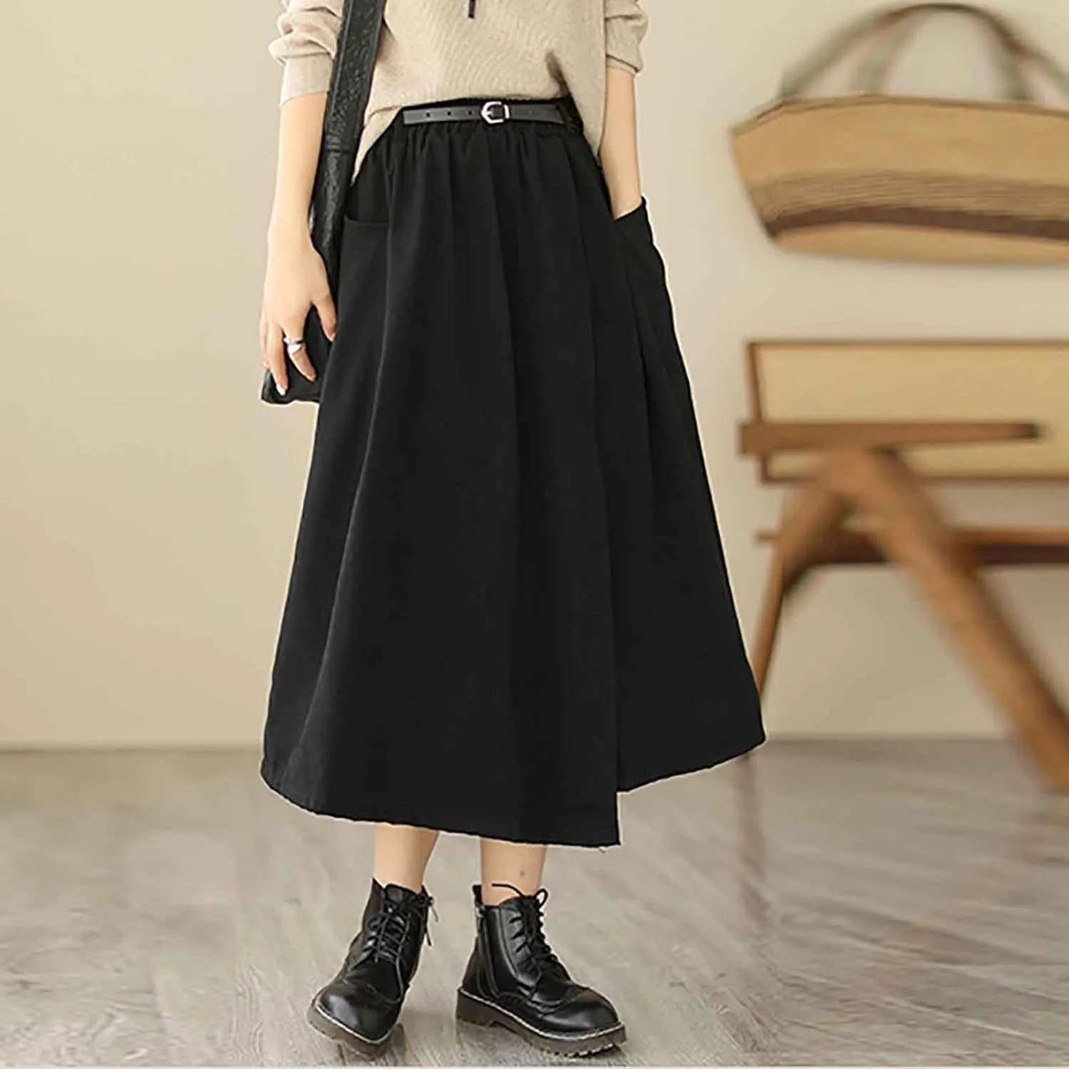 FZYLQY New Womens A-Line Midi Skirts Casual Elastic High Waist Flowy Swing Pleated Beach Boho Long Skirt with Pocket