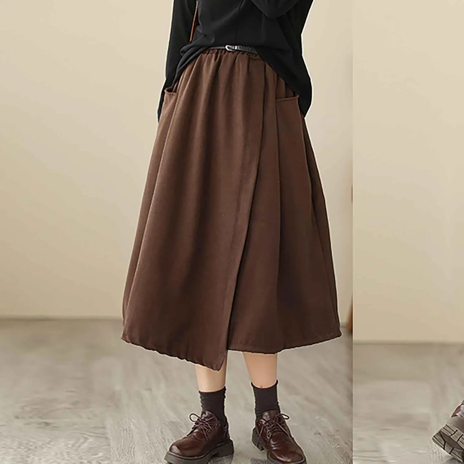 FZYLQY New Womens A-Line Midi Skirts Casual Elastic High Waist Flowy Swing Pleated Beach Boho Long Skirt with Pocket