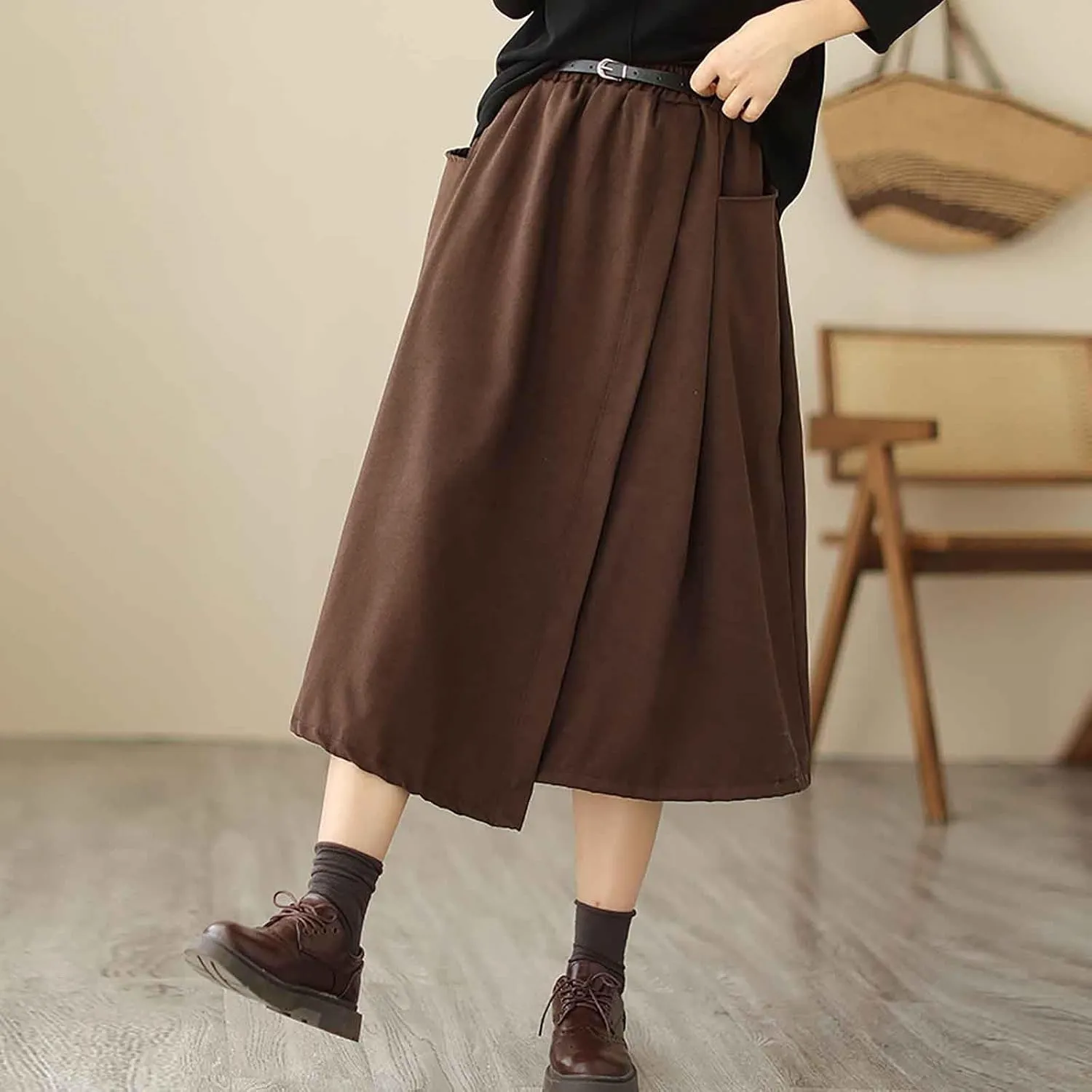 FZYLQY New Womens A-Line Midi Skirts Casual Elastic High Waist Flowy Swing Pleated Beach Boho Long Skirt with Pocket