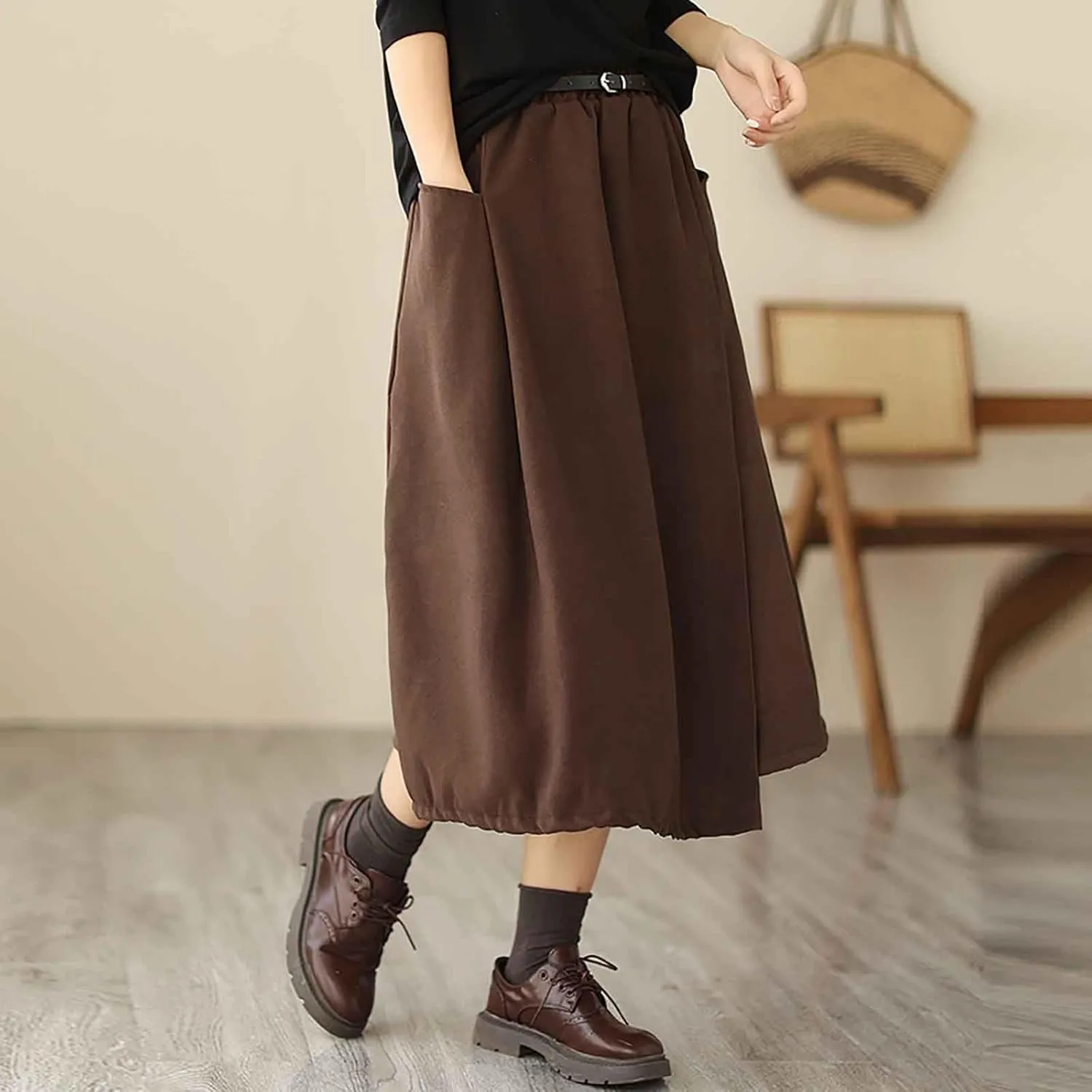 FZYLQY New Womens A-Line Midi Skirts Casual Elastic High Waist Flowy Swing Pleated Beach Boho Long Skirt with Pocket