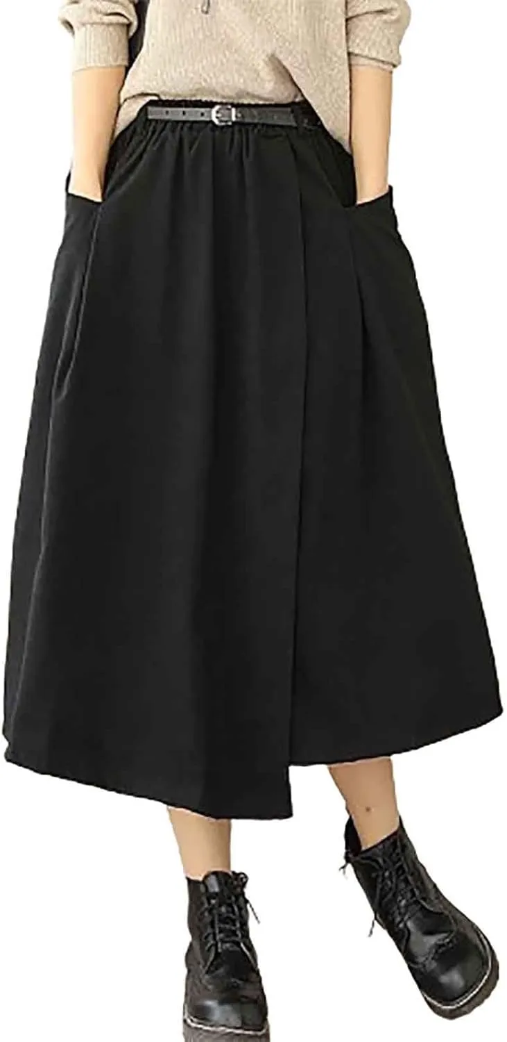 FZYLQY New Womens A-Line Midi Skirts Casual Elastic High Waist Flowy Swing Pleated Beach Boho Long Skirt with Pocket