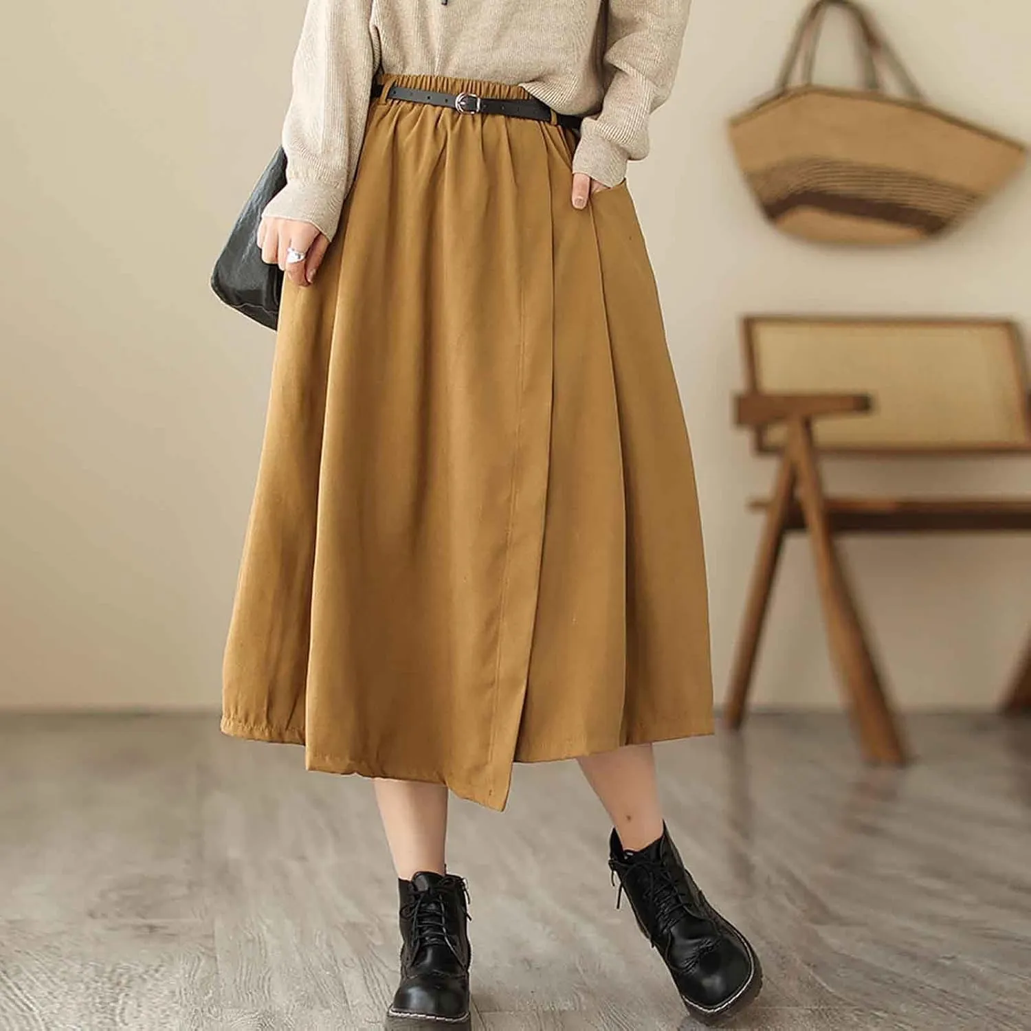 FZYLQY New Womens A-Line Midi Skirts Casual Elastic High Waist Flowy Swing Pleated Beach Boho Long Skirt with Pocket