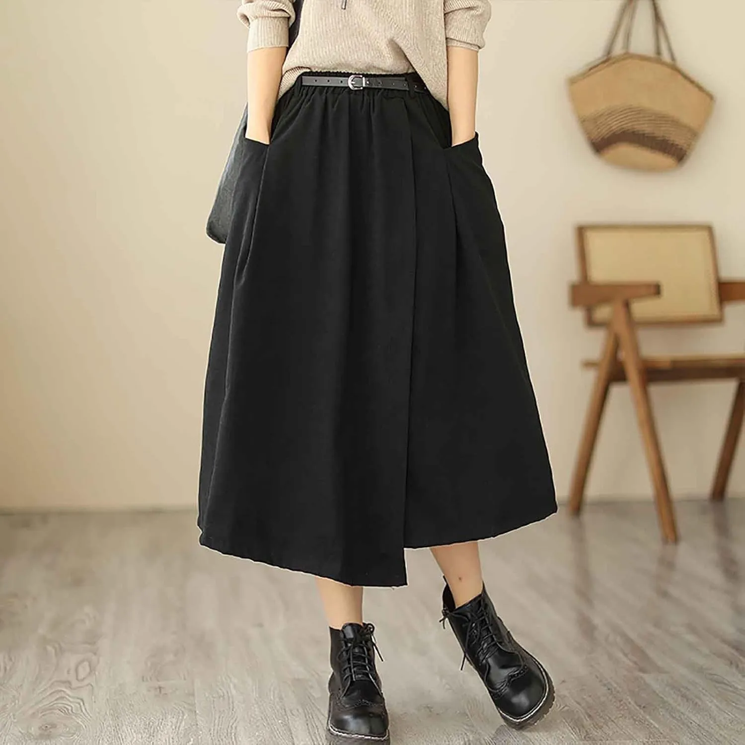 FZYLQY New Womens A-Line Midi Skirts Casual Elastic High Waist Flowy Swing Pleated Beach Boho Long Skirt with Pocket