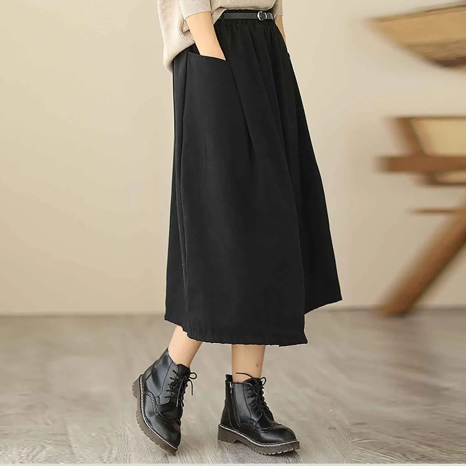 FZYLQY New Womens A-Line Midi Skirts Casual Elastic High Waist Flowy Swing Pleated Beach Boho Long Skirt with Pocket