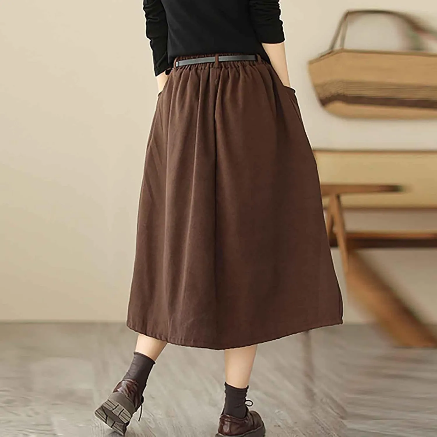FZYLQY New Womens A-Line Midi Skirts Casual Elastic High Waist Flowy Swing Pleated Beach Boho Long Skirt with Pocket