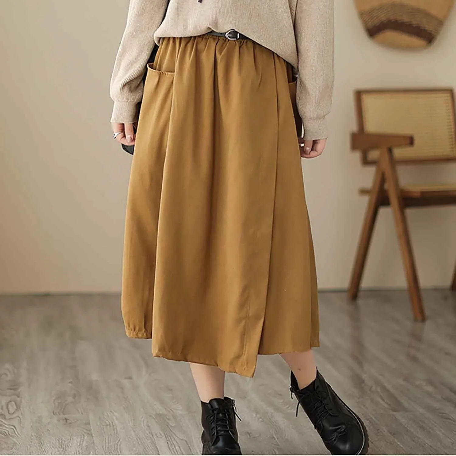 FZYLQY New Womens A-Line Midi Skirts Casual Elastic High Waist Flowy Swing Pleated Beach Boho Long Skirt with Pocket