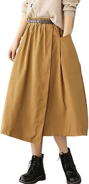 FZYLQY New Womens A-Line Midi Skirts Casual Elastic High Waist Flowy Swing Pleated Beach Boho Long Skirt with Pocket