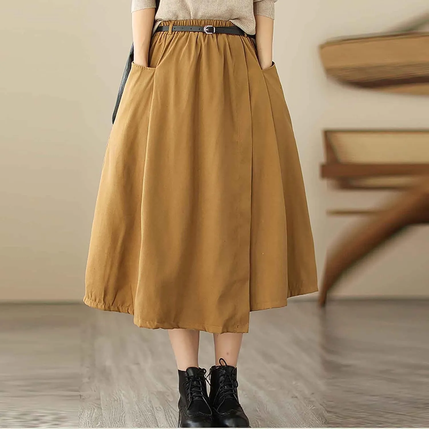 FZYLQY New Womens A-Line Midi Skirts Casual Elastic High Waist Flowy Swing Pleated Beach Boho Long Skirt with Pocket