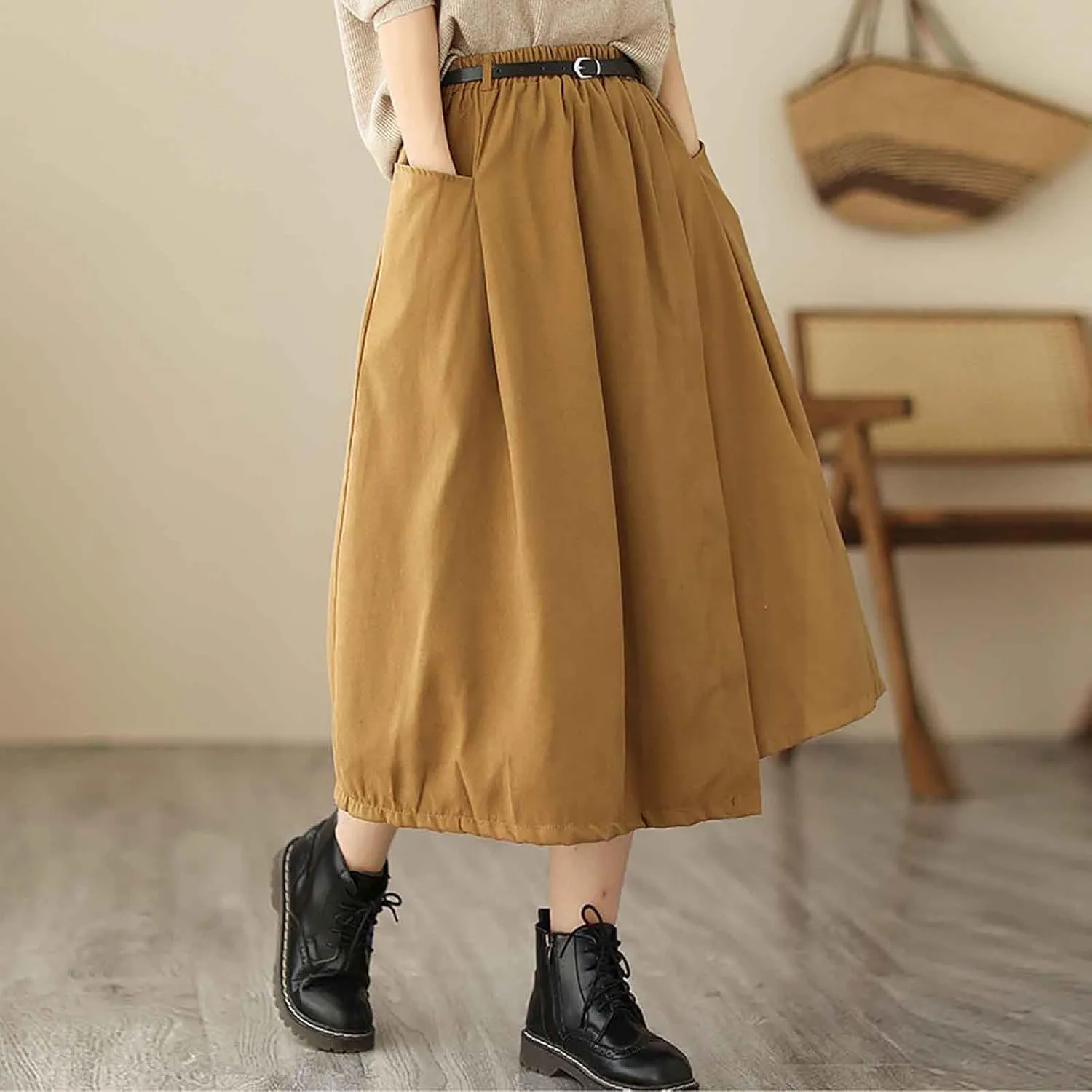 FZYLQY New Womens A-Line Midi Skirts Casual Elastic High Waist Flowy Swing Pleated Beach Boho Long Skirt with Pocket