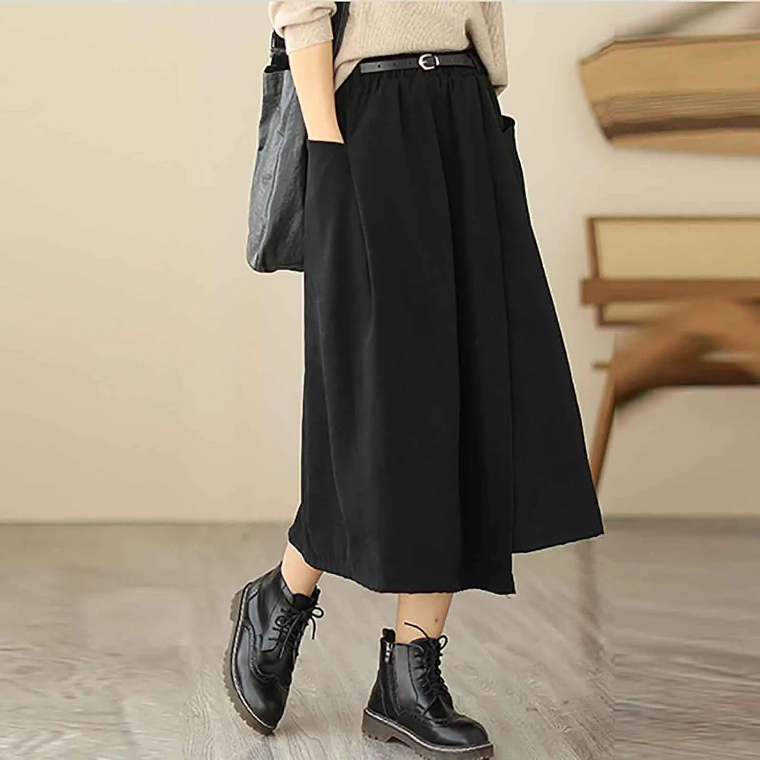 FZYLQY New Womens A-Line Midi Skirts Casual Elastic High Waist Flowy Swing Pleated Beach Boho Long Skirt with Pocket