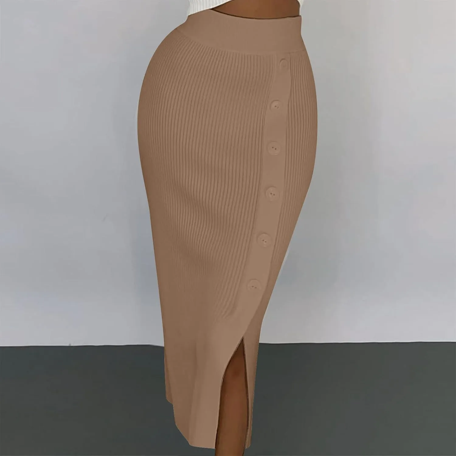 FZYLQY Slim Fit Ruched Pencil Skirts for Women High Waisted Elastic Band Bodycon Shirring Skirt Plus Size Skirt with Button