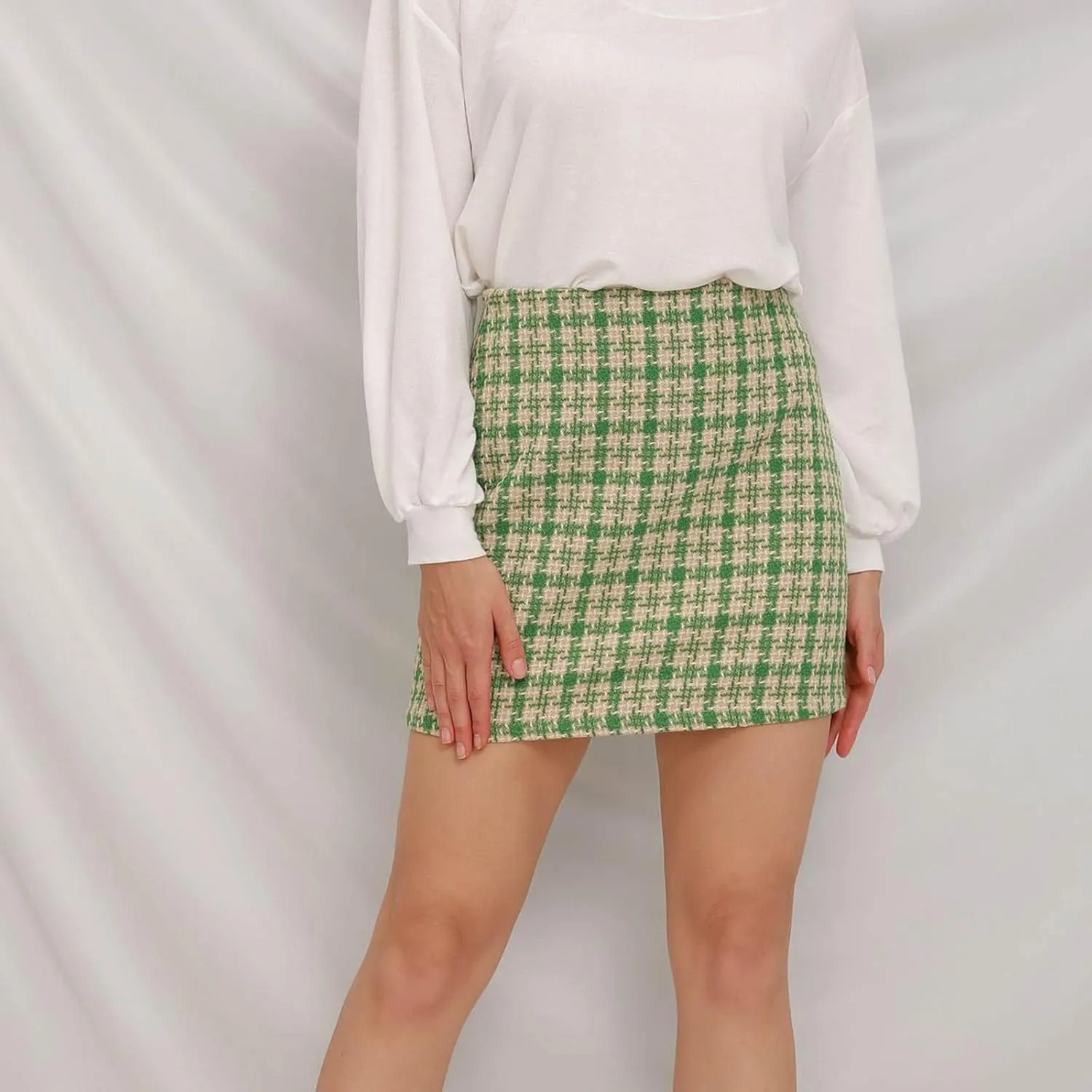 FZYLQY Women's High Waisted Houndstooth Skirts Colorblock Trendy Tight Warp Skirts Spring Summer Tweed Casual Short Skirt