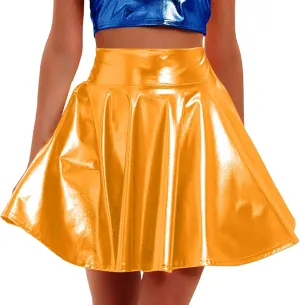 FZYLQY Women's Metallic Skirt High Waisted Holographic Pleated Skirt Sexy Ballet Dance Disco Skater Skirt Party Clubwear