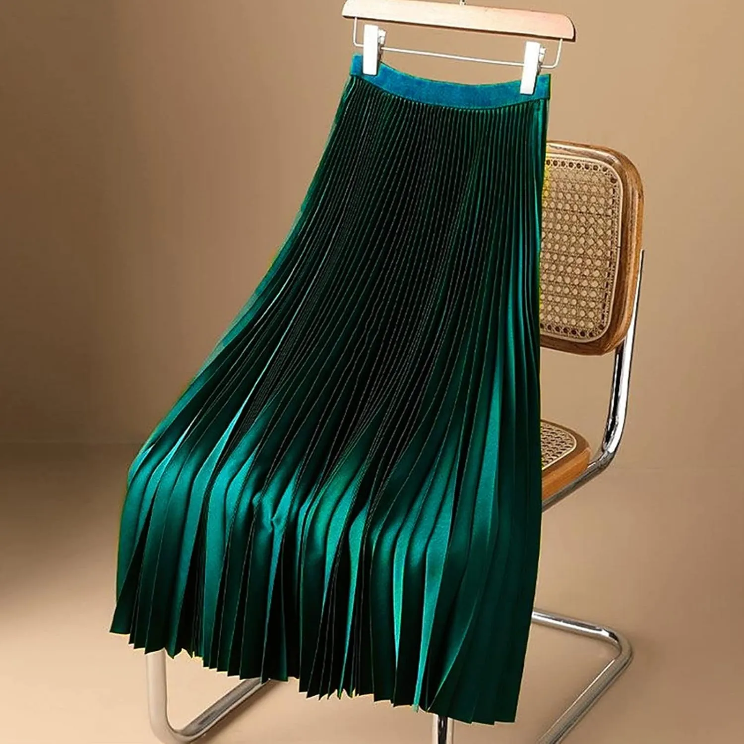 FZYLQY Women's Satin Metallic Pleated Skirts Elastic High Waist Flare Casual Long Swing A-Line Skirt Shiny Flowy Midi Skirt