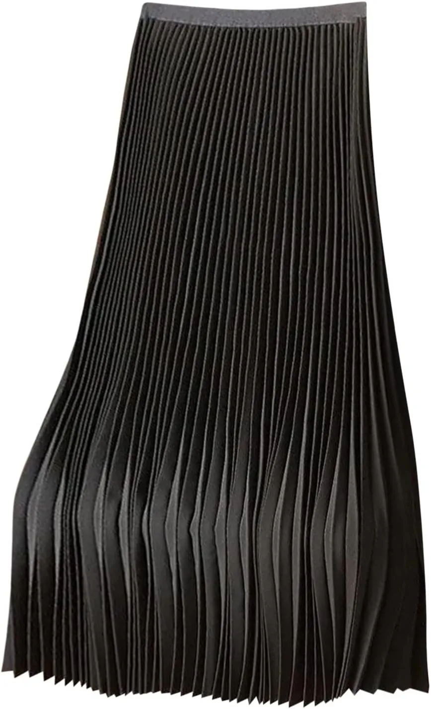 FZYLQY Women's Satin Metallic Pleated Skirts Elastic High Waist Flare Casual Long Swing A-Line Skirt Shiny Flowy Midi Skirt
