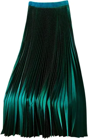 FZYLQY Women's Satin Metallic Pleated Skirts Elastic High Waist Flare Casual Long Swing A-Line Skirt Shiny Flowy Midi Skirt