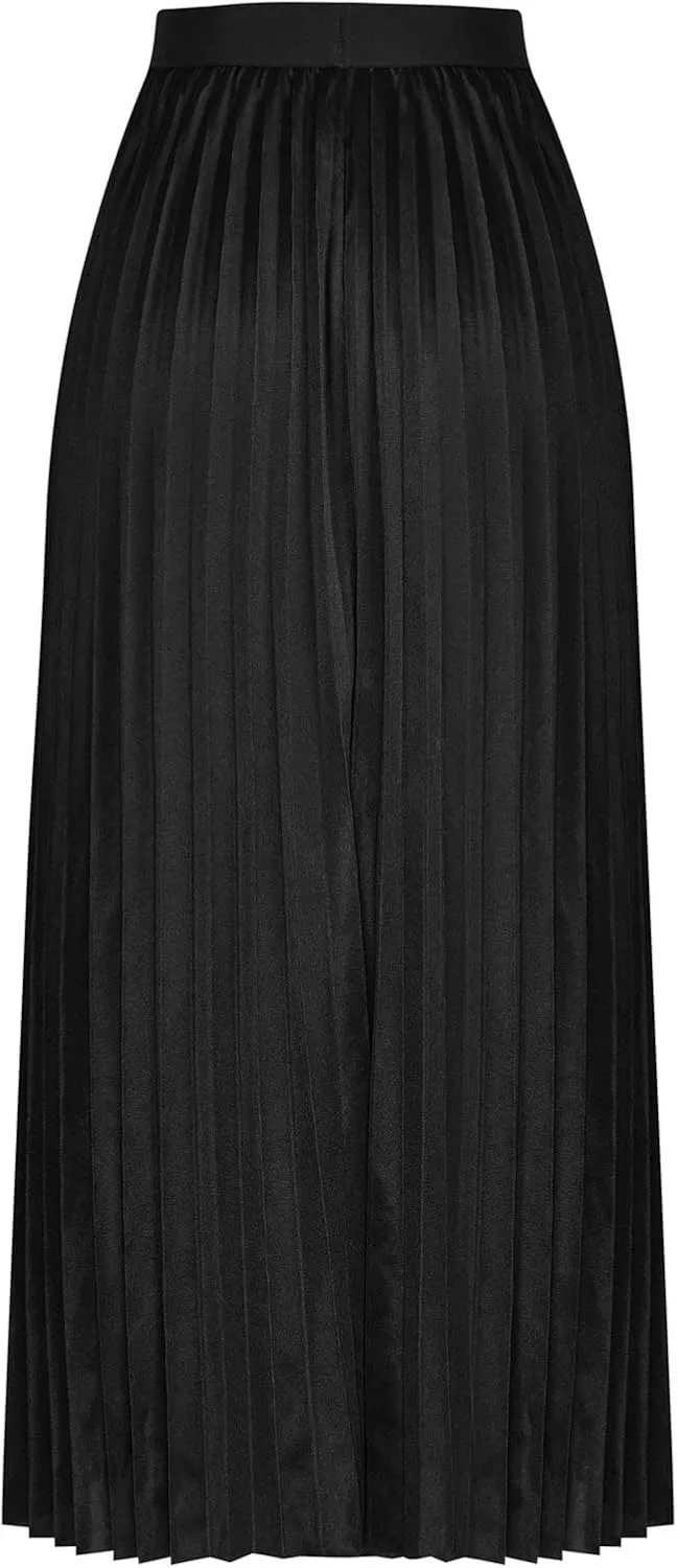FZYLQY Women's Satin Metallic Pleated Skirts Elastic High Waist Flare Casual Long Swing A-Line Skirt Shiny Flowy Midi Skirt