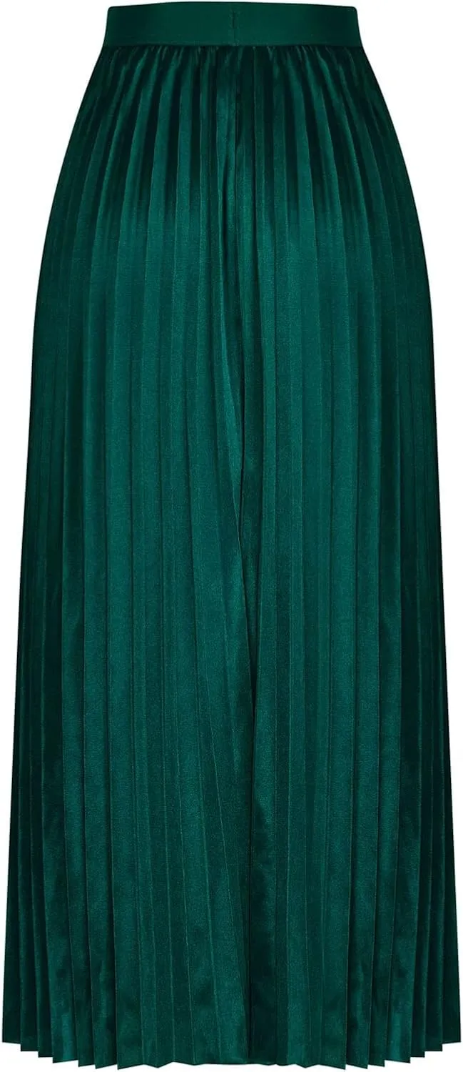 FZYLQY Women's Satin Metallic Pleated Skirts Elastic High Waist Flare Casual Long Swing A-Line Skirt Shiny Flowy Midi Skirt