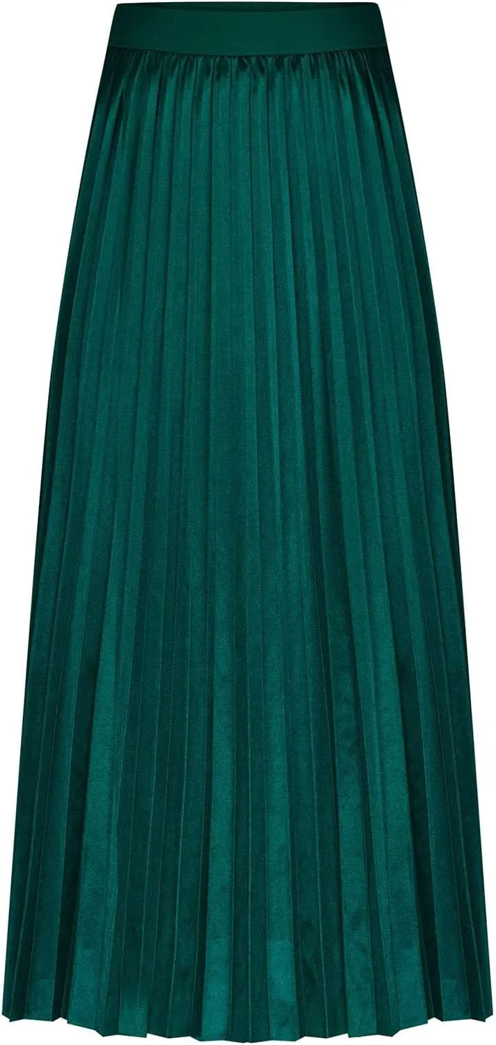 FZYLQY Women's Satin Metallic Pleated Skirts Elastic High Waist Flare Casual Long Swing A-Line Skirt Shiny Flowy Midi Skirt