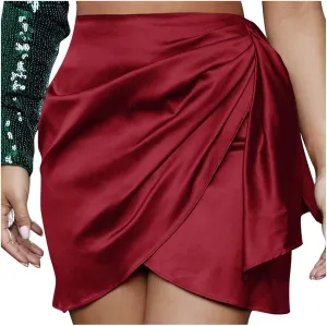 FZYLQY Zipped Up Skirt for Women Dressy Irregular Hem High Waisted Satin Mini Skirt Solid Ruched Evening Party Skater Skirt