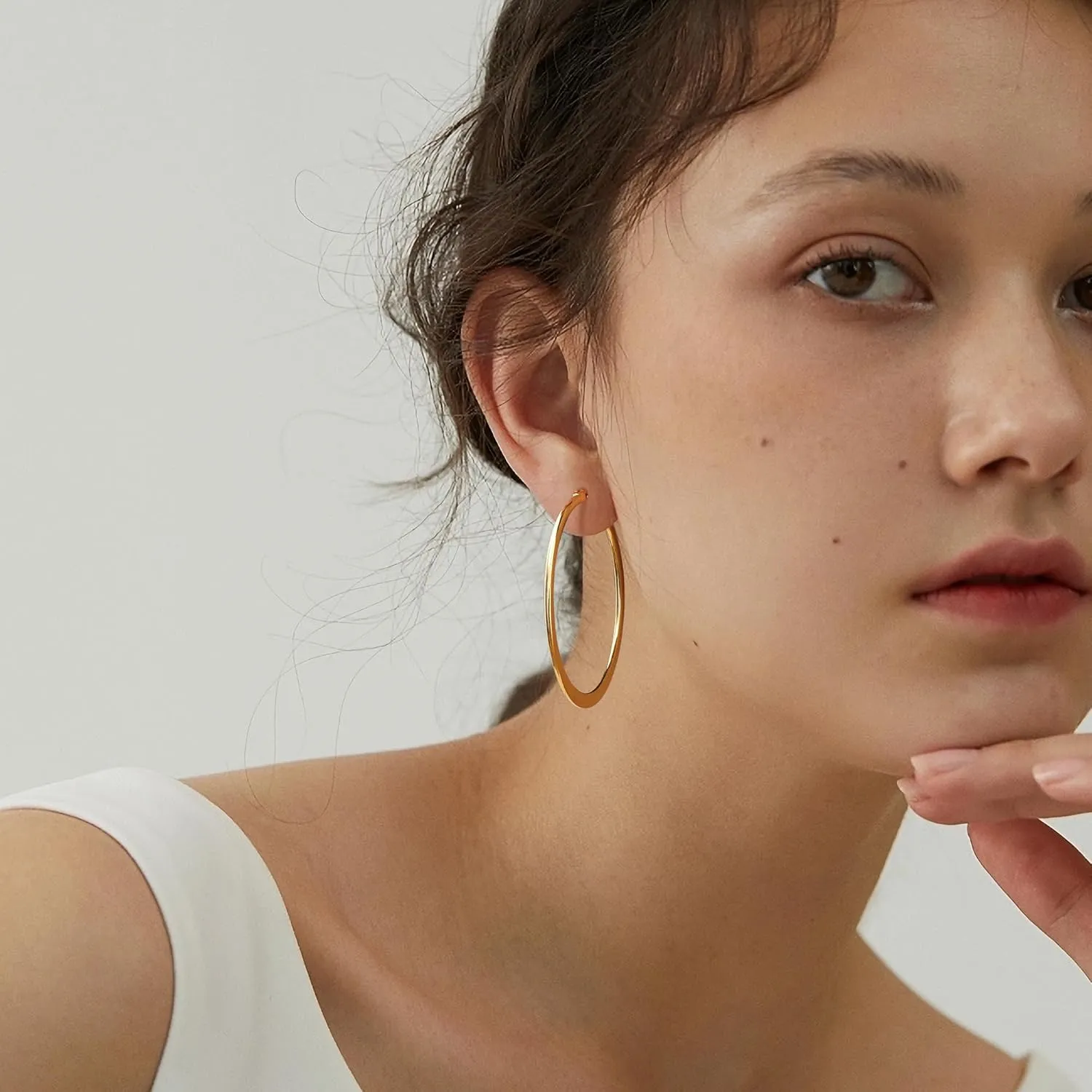 Gacimy Gold Flattened Hoop Earrings for Women, 14K Real Gold Plated Hoops with 925 Sterling Silver Post,Hypoallergenic Lightweight Earring