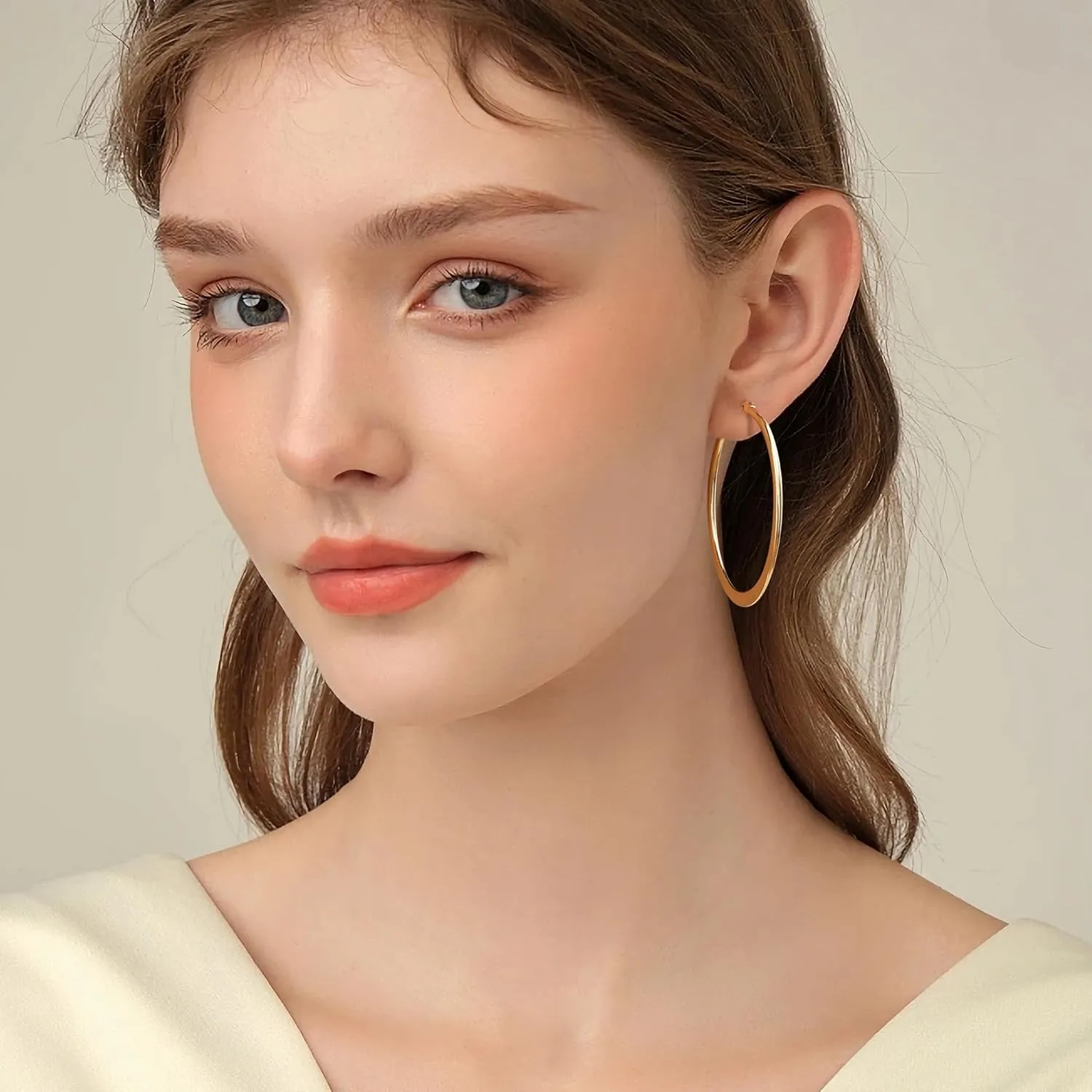 Gacimy Gold Flattened Hoop Earrings for Women, 14K Real Gold Plated Hoops with 925 Sterling Silver Post,Hypoallergenic Lightweight Earring