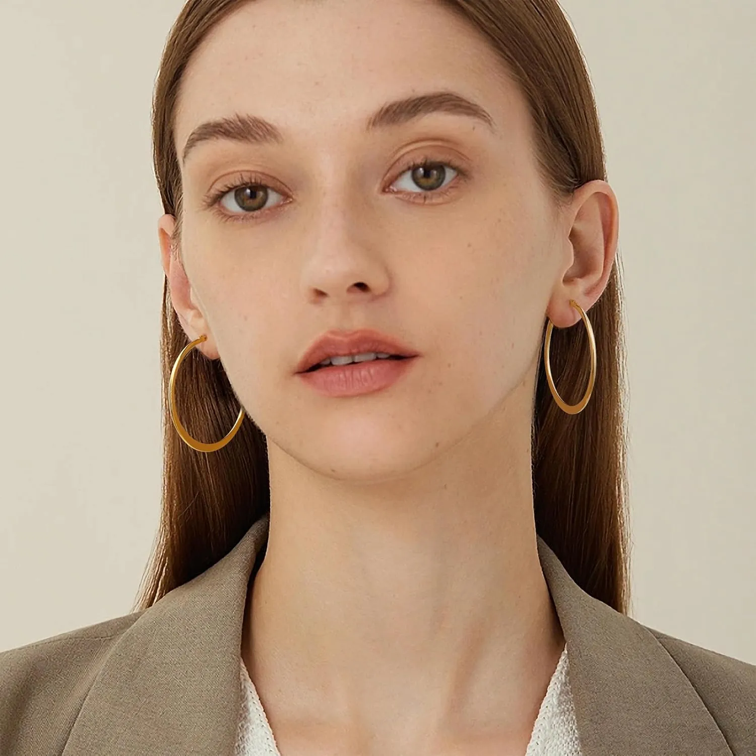 Gacimy Gold Flattened Hoop Earrings for Women, 14K Real Gold Plated Hoops with 925 Sterling Silver Post,Hypoallergenic Lightweight Earring