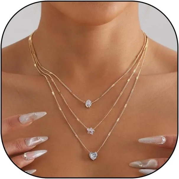 GIGB PBDK Gold Layered Necklaces for Women Crystal Dainty Teardrop Heart Pendant Necklaces Stackable Simple CZ Star Choker Necklaces Trendy Prom Jewelry Gifts
