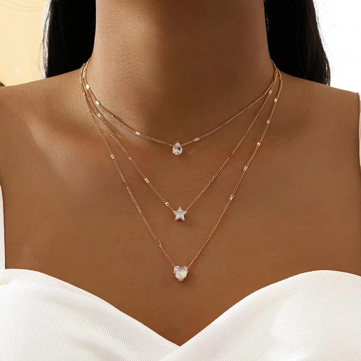 GIGB PBDK Gold Layered Necklaces for Women Crystal Dainty Teardrop Heart Pendant Necklaces Stackable Simple CZ Star Choker Necklaces Trendy Prom Jewelry Gifts