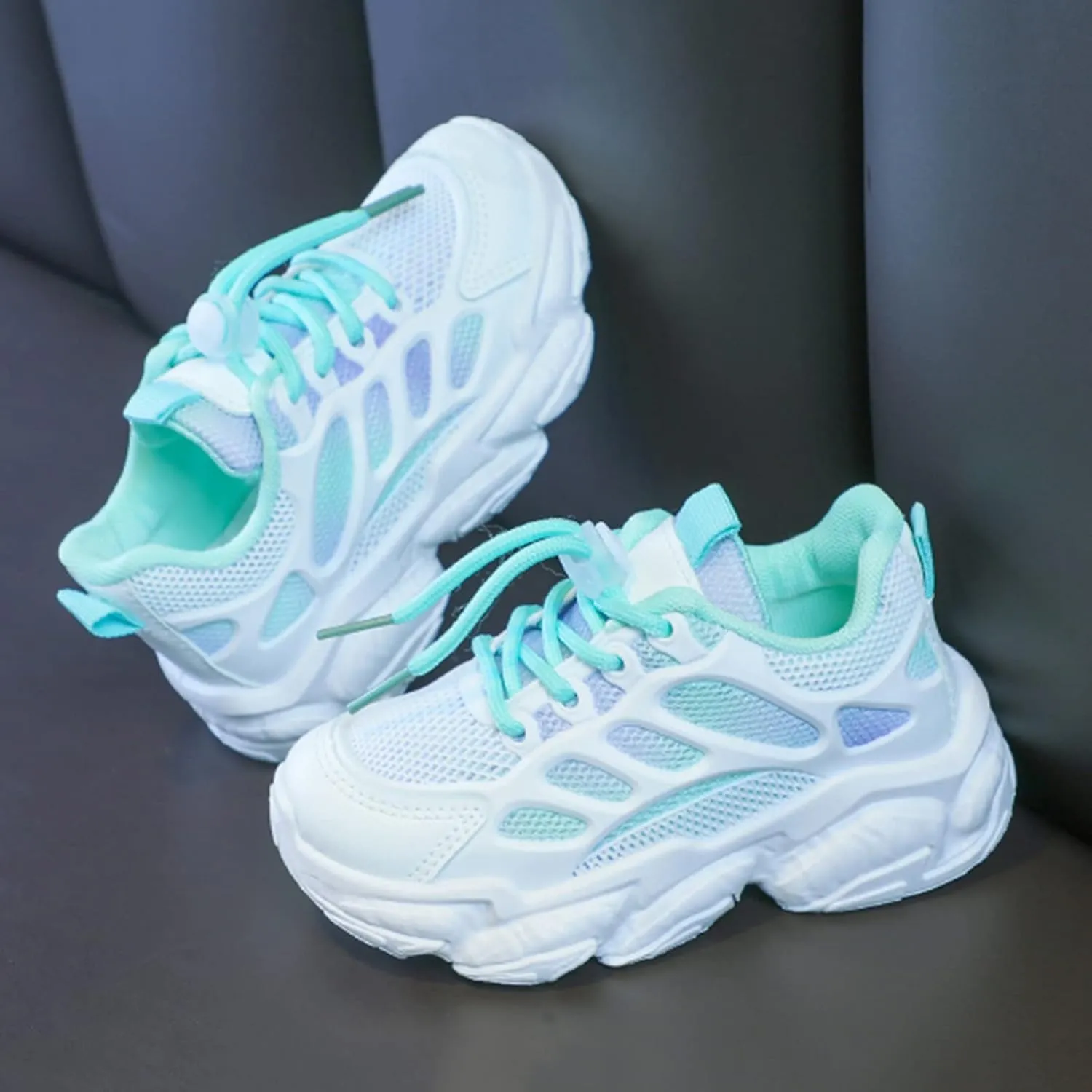 Girls Sneakers Lace up Running Athletic Shoes Lightweight Breathable Jelly Sole Kids Walking Shoes Casual Sports