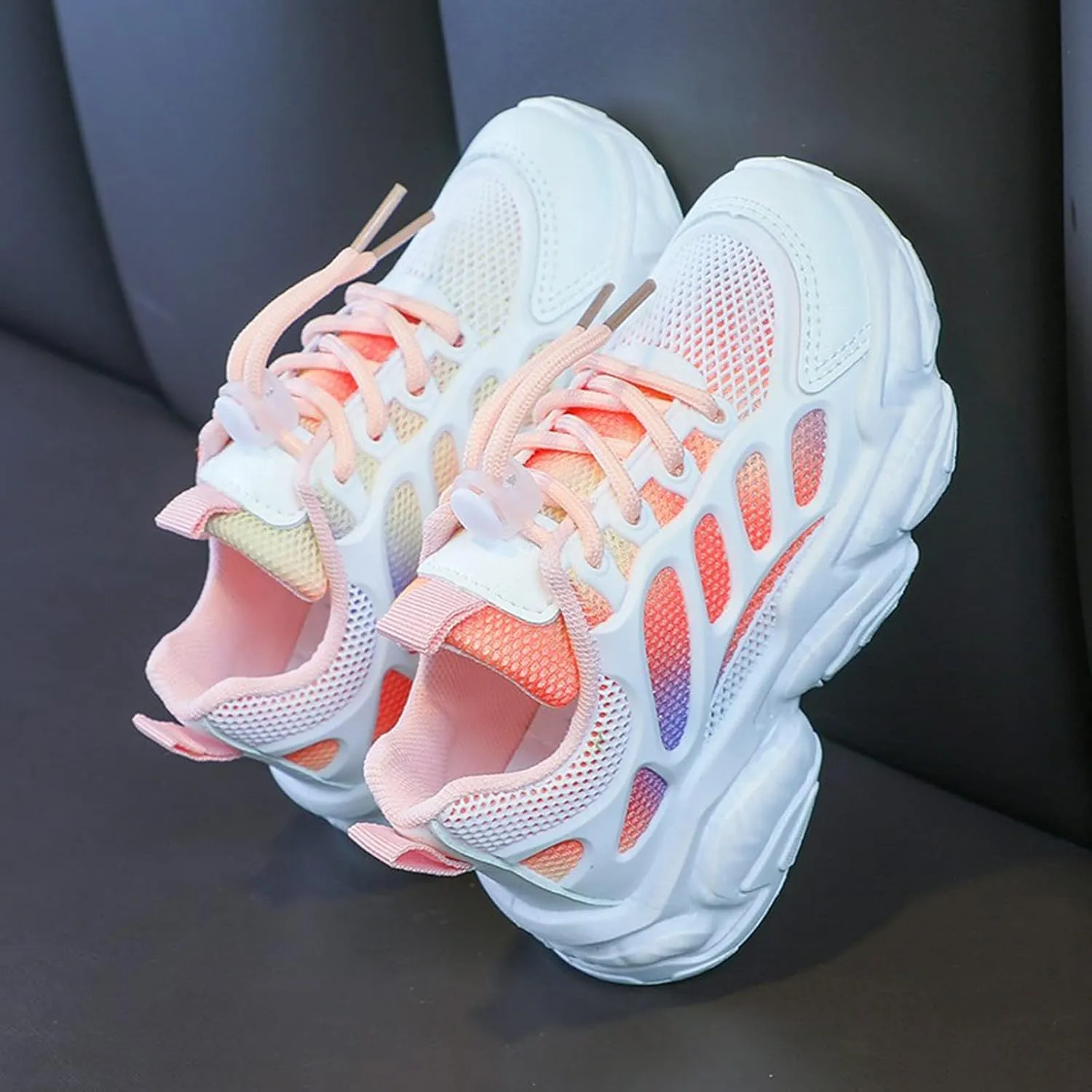 Girls Sneakers Lace up Running Athletic Shoes Lightweight Breathable Jelly Sole Kids Walking Shoes Casual Sports