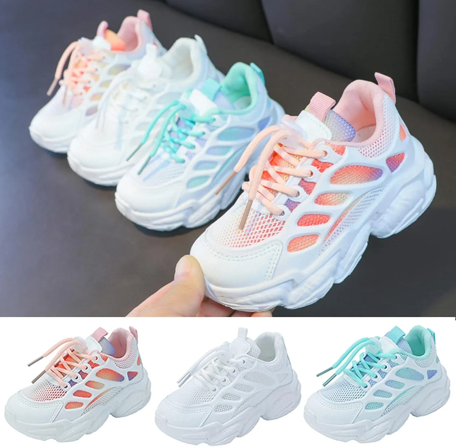Girls Sneakers Lace up Running Athletic Shoes Lightweight Breathable Jelly Sole Kids Walking Shoes Casual Sports