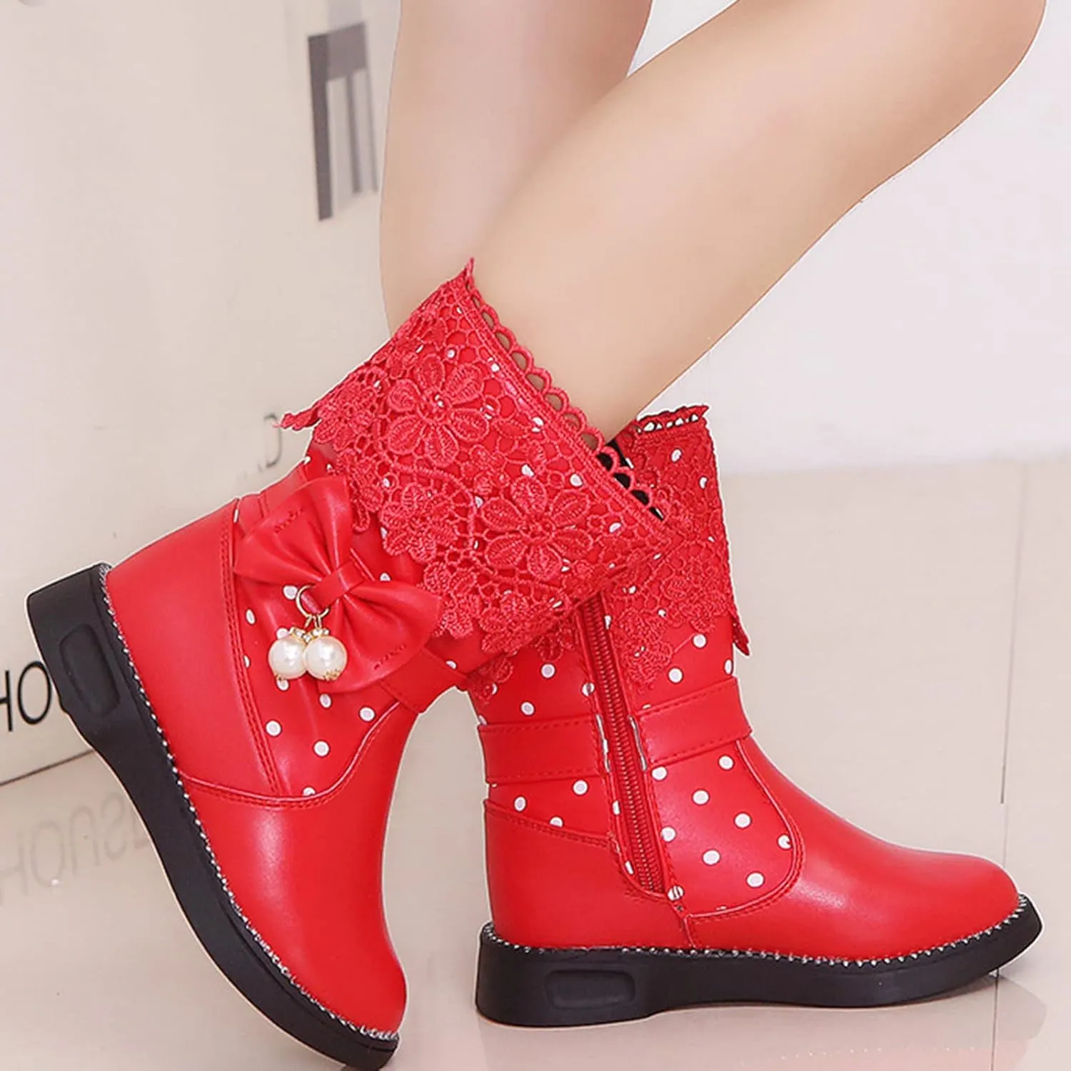 Girl's Winter Snow Boots Faux Fur Lined Mid Calf Shoes Waterproof Lace Bowknot Side Zipper Winter Boots Toddler