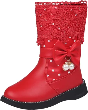 Girl's Winter Snow Boots Faux Fur Lined Mid Calf Shoes Waterproof Lace Bowknot Side Zipper Winter Boots Toddler