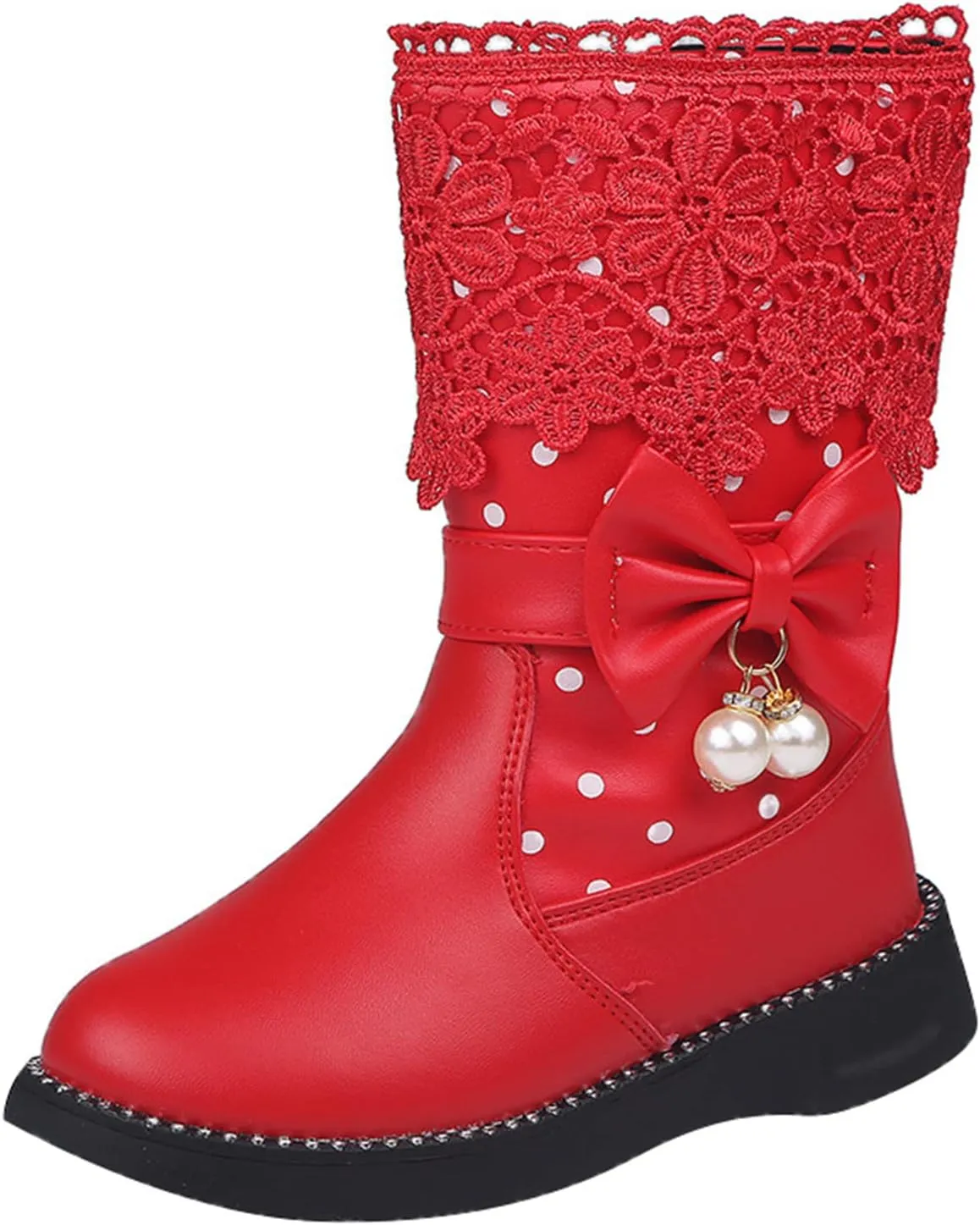 Girl's Winter Snow Boots Faux Fur Lined Mid Calf Shoes Waterproof Lace Bowknot Side Zipper Winter Boots Toddler
